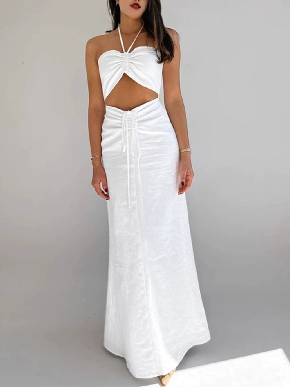 Forever 21 White Cotton Linen Halter Neck Maxi Dress Summer